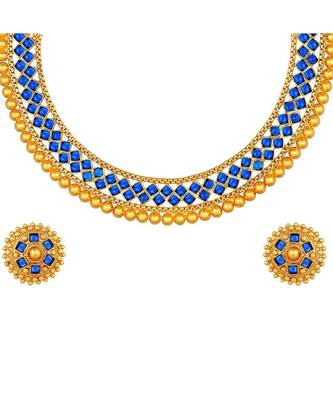 Golden Ball With Blue Stone Traditional Brass Necklace Jewellery Set With Earrings For Women Girls 4
